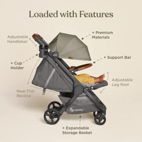 Cochecito de bebé compacto Ergobaby Metro+ Deluxe, ligero y plegable, ideal para el avión (soporta hasta 22,7 kg), compatible con asiento de coche, color gris Londres.
