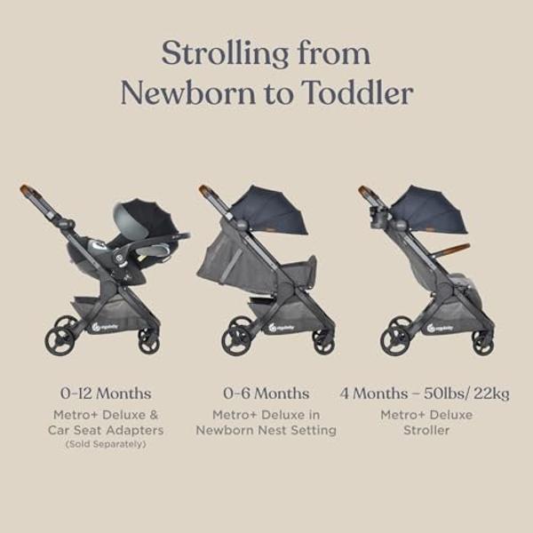 Cochecito de bebé compacto Ergobaby Metro+ Deluxe, ligero y plegable, ideal para el avión (soporta hasta 22,7 kg), compatible con asiento de coche, color gris Londres.