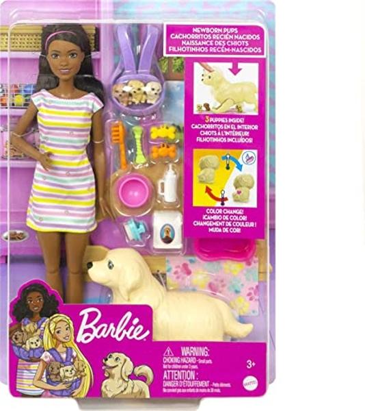 Muñeca Barbie y mascotas: muñeca morena con mamá perrita, 3 cachorros recién nacidos con función de cambio de color y accesorios para mascotas..