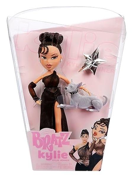 Muñeca de moda nocturna Bratz x Kylie Jenner con vestido de noche, perro y póster.