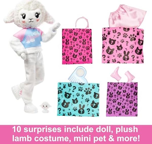 Muñeca Barbie Cutie Reveal con cabello rubio y disfraz de corderito. Incluye 10 sorpresas, accesorios y una minimascota (los estilos pueden variar)..