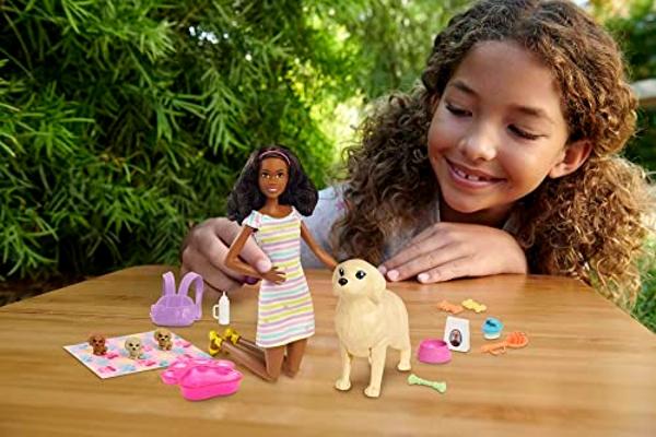 Muñeca Barbie y mascotas: muñeca morena con mamá perrita, 3 cachorros recién nacidos con función de cambio de color y accesorios para mascotas..