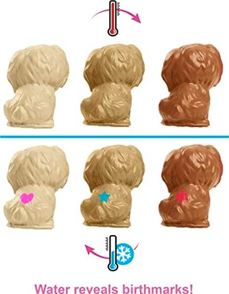 Muñeca Barbie y mascotas: muñeca morena con mamá perrita, 3 cachorros recién nacidos con función de cambio de color y accesorios para mascotas..