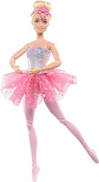Muñeca Barbie Dreamtopia, bailarina articulada con luces brillantes, 5 espectáculos de luces, tutú rosa brillante, cabello rubio y accesorio para el cabello..