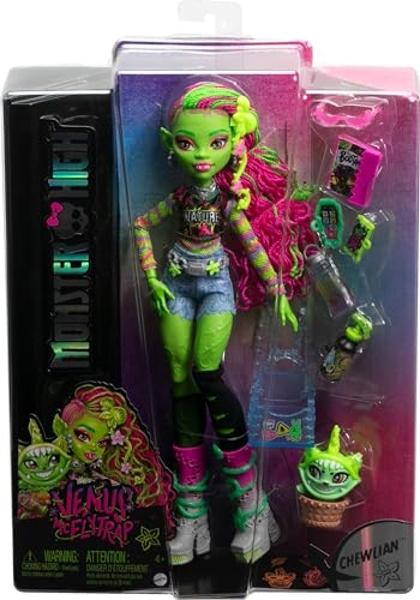 Muñeca Venus McFlytrap de Monster High, monstruo vegetal con gato masticable y accesorios como mochila, cuaderno, bocadillos y más..