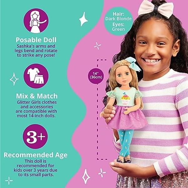 Glitter Girls - Muñeca de moda articulada Sashka de 14 pulgadas para niñas de 3 años en adelante.