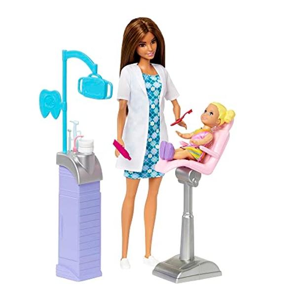 Barbie: Juego de profesiones, muñeca de moda con dentista y doctora rubia, muñeca pequeña para bebé, muebles y accesorios.
