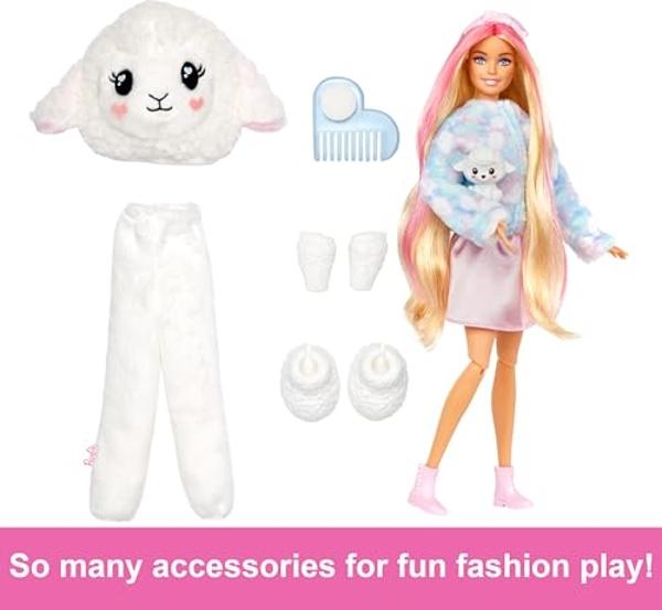 Muñeca Barbie Cutie Reveal con cabello rubio y disfraz de corderito. Incluye 10 sorpresas, accesorios y una minimascota (los estilos pueden variar)..