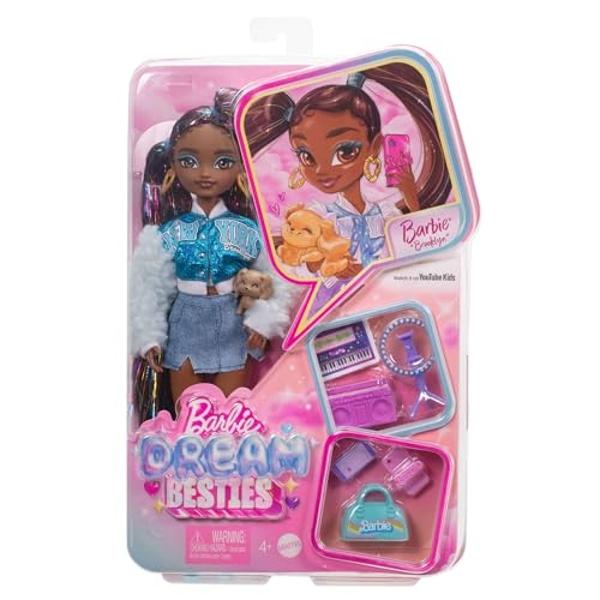 Muñeca Barbie Dream Besties y accesorios, Brooklyn, muñeca articulada de moda con cabello largo y negro, 9 piezas con temática musical.