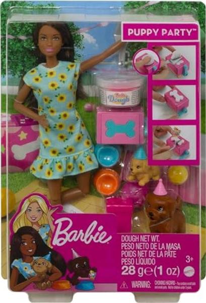 Muñeca Barbie (11.5 pulgadas, morena) y set de juego para fiesta de cachorros con 2 cachorros, masa, molde para pastel y accesorios, para niñas de 3 a 7 años.