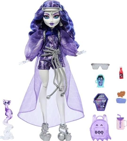 Muñeca Monster High Spectra Vondergeist con mascota, el hurón Rhuen, y accesorios como mochila, tableta, bocadillos y más..