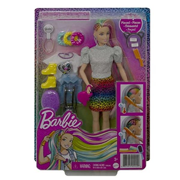 Muñeca Barbie con cabello de leopardo y arcoíris, reflejos que cambian de color y 16 accesorios de peinado, incluyendo ropa, coleteros, cepillo y más..