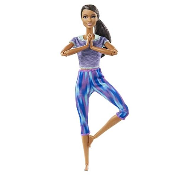 Muñeca Barbie "Move to Move" con 22 articulaciones flexibles y cola de caballo morena rizada, con ropa deportiva para niñas de 3 a 7 años..