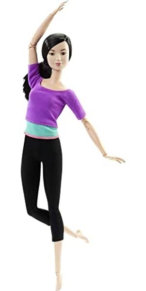 Muñeca Barbie "Movible" con cabello negro, top morado con bloques de color y leggings de yoga, flexible y con 22 articulaciones articuladas..