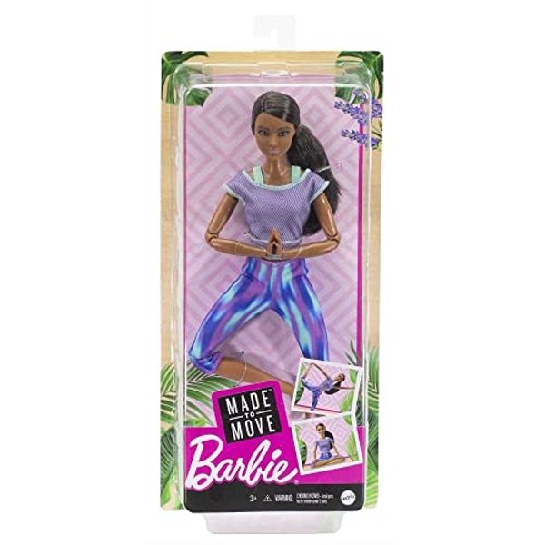 Muñeca Barbie "Move to Move" con 22 articulaciones flexibles y cola de caballo morena rizada, con ropa deportiva para niñas de 3 a 7 años..