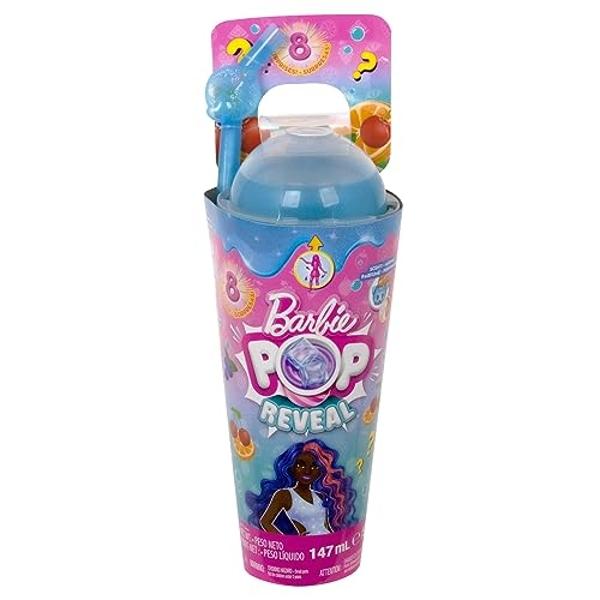 Muñeca Barbie Pop Reveal con accesorios, aroma a ponche de frutas, cabello azul y 8 sorpresas: slime, cambio de color y cachorro..