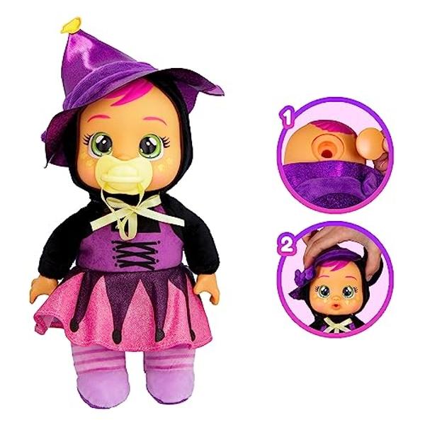 Bebés Llorones Pequeños Mimos Halloween Agatha - Muñecas de 23 cm, Lloran Lágrimas Reales, Pijama Rosa y Morado con Temática de Bruja.