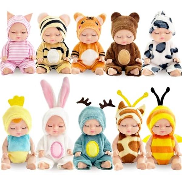 Haawooky - 10 minimuñecas de bebé realistas de 4 pulgadas con ropa de animal, lindas muñecas pequeñas para niñas, canastas de Pascua, San Valentín y cumpleaños.