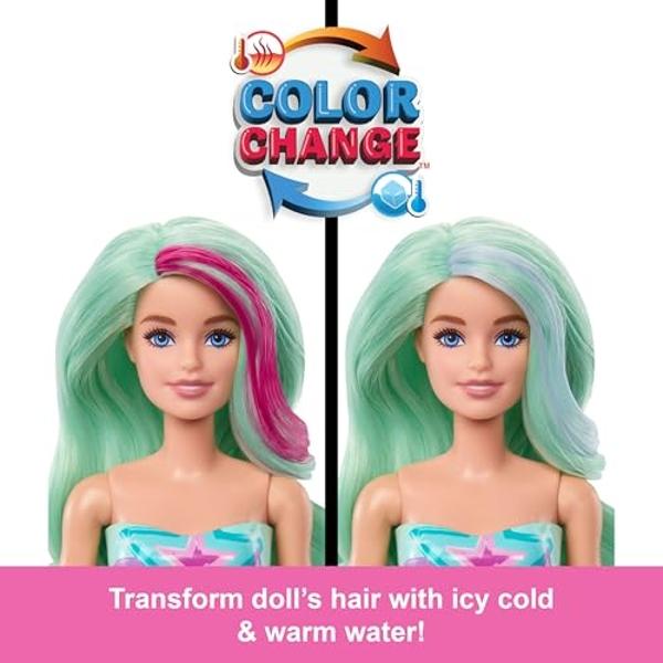 Muñeca Barbie Color Reveal y accesorios con 6 sorpresas de desempaquetado, serie Sirena con corpiño que cambia de color.