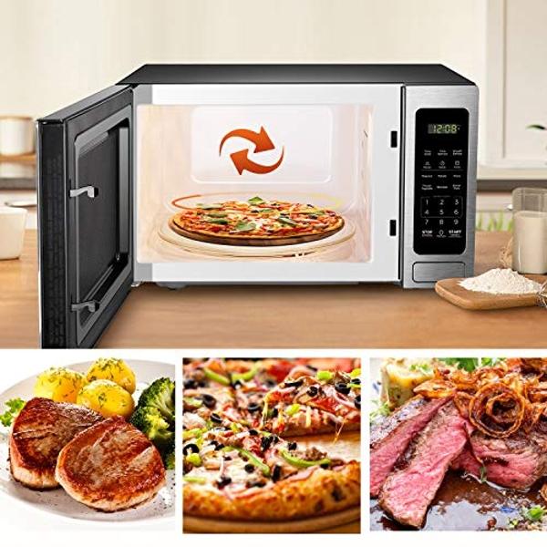 Horno microondas digital BLACK+DECKER EM036AB14 con plato giratorio, puerta con botón pulsador, seguro para niños, acero inoxidable, 1.4 pies cúbicos.