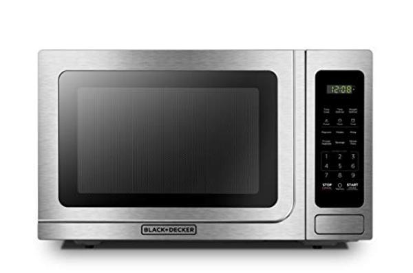 Horno microondas digital BLACK+DECKER EM036AB14 con plato giratorio, puerta con botón pulsador, seguro para niños, acero inoxidable, 1.4 pies cúbicos.