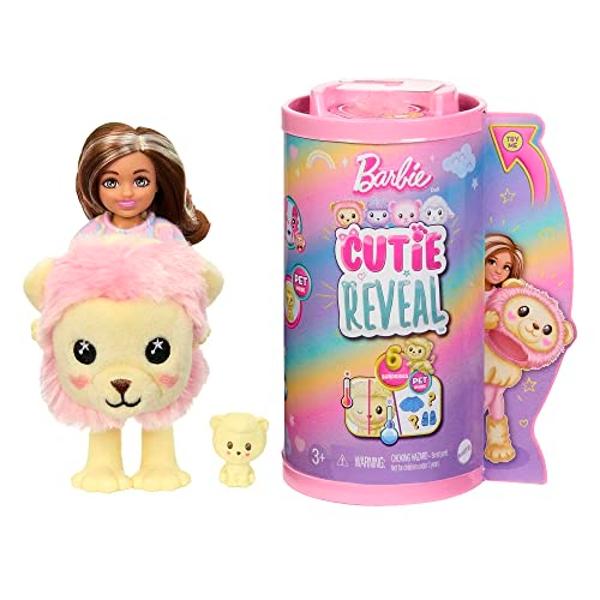 Barbie Chelsea Cutie Reveal Muñeca pequeña y accesorios, morena con disfraz de león, 6 sorpresas, cambio de color (los estilos pueden variar).