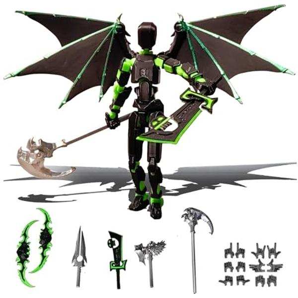 MIGESS (Ensamblaje completo) Figura de acción T13, Maniquí 13, Robot articulado con alas de demonio, Robot Titán 13, Misión 13, Accesorios para figura de acción T13 (Verde y negro).