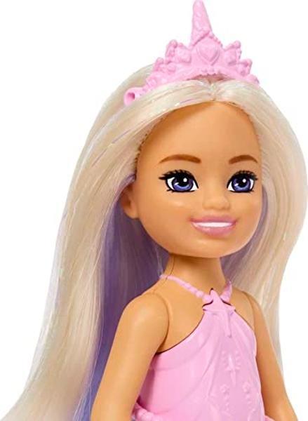 Muñeca Barbie Dreamtopia Chelsea Unicornio Pequeña con Cola Desmontable, Diadema de Cuerno y Cabello Lavanda. Se dobla en la cintura..
