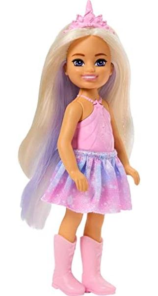 Muñeca Barbie Dreamtopia Chelsea Unicornio Pequeña con Cola Desmontable, Diadema de Cuerno y Cabello Lavanda. Se dobla en la cintura..
