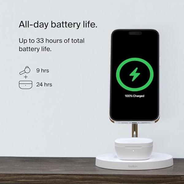 Auriculares inalámbricos Belkin SoundForm™ Motion con cancelación de ruido, estuche de carga inalámbrica y micrófono dual. Resistentes al agua IPX5, Bluetooth, para iPhone y Samsun.