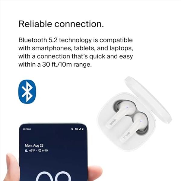 Auriculares inalámbricos Belkin SoundForm™ Motion con cancelación de ruido, estuche de carga inalámbrica y micrófono dual. Resistentes al agua IPX5, Bluetooth, para iPhone y Samsun.