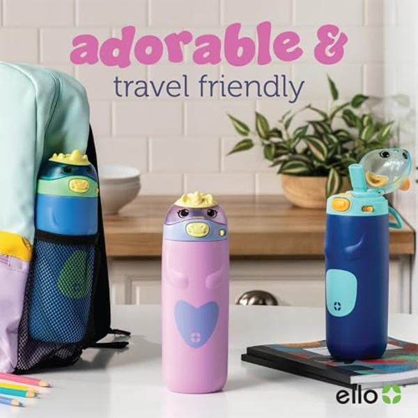 Botella de agua infantil Ello Ellies de acero inoxidable con aislamiento al vacío de 355 ml, con pajita, asa de transporte incorporada y tapa hermética para mochilas escolares, lon.