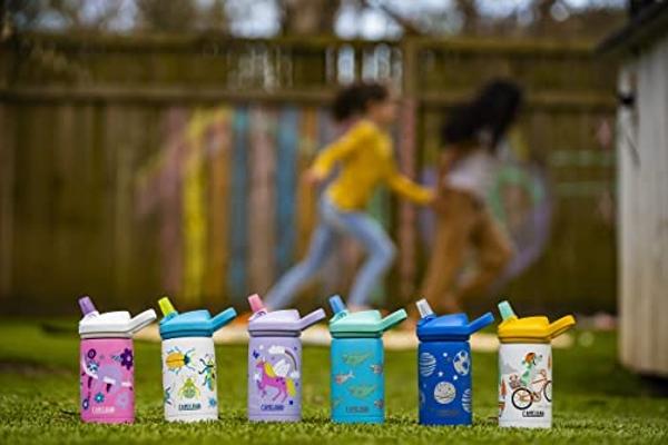 Botella de agua CamelBak Eddy+ Kids de acero inoxidable con pajita y válvula de mordida, aislada, unicornios mágicos, 355 ml.