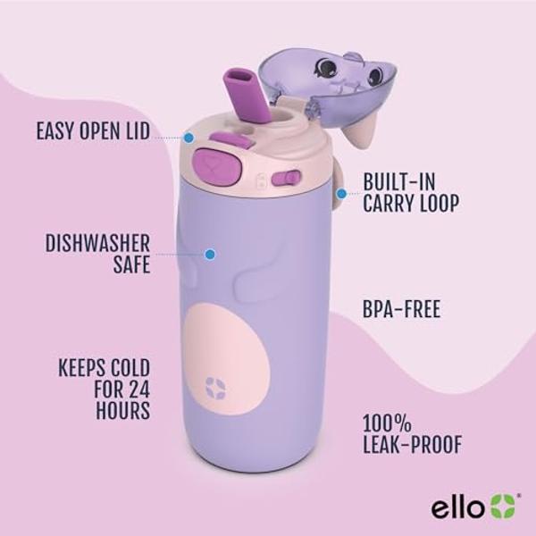 Botella de agua infantil Ello Ellies de acero inoxidable con aislamiento al vacío de 355 ml, con pajita, asa de transporte incorporada y tapa hermética para mochilas escolares, lon.