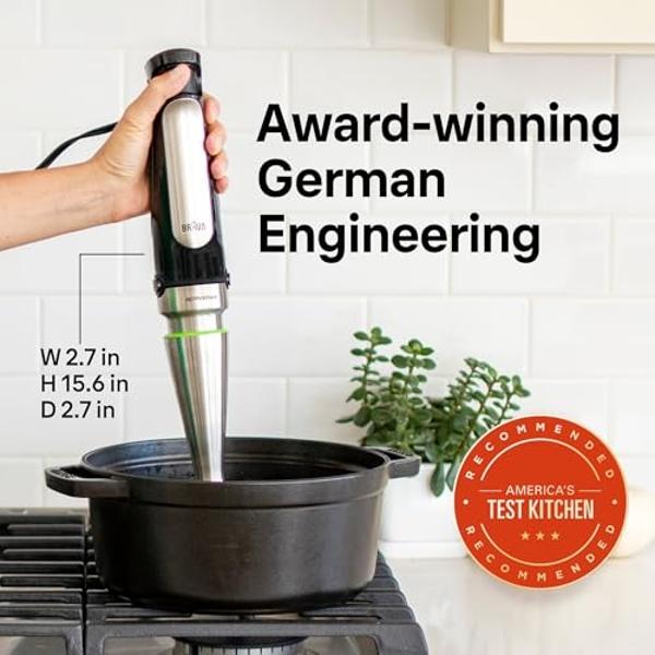 Batidora de mano Braun MultiQuick 7 3 en 1 con velocidad variable y tecnología patentada. Incluye picadora de 2 tazas, batidor y vaso para licuado rápido. Acero inoxidable. MQ7035X.