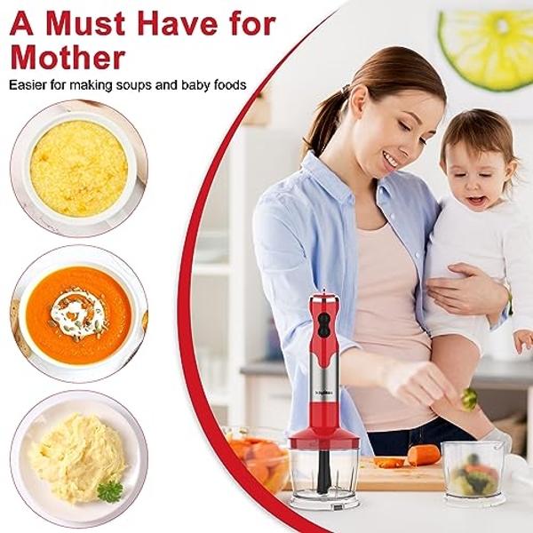 Licuadora de mano roja Keylitos de 600 ml con accesorios 5 en 1, turbo y control de velocidad ajustable.