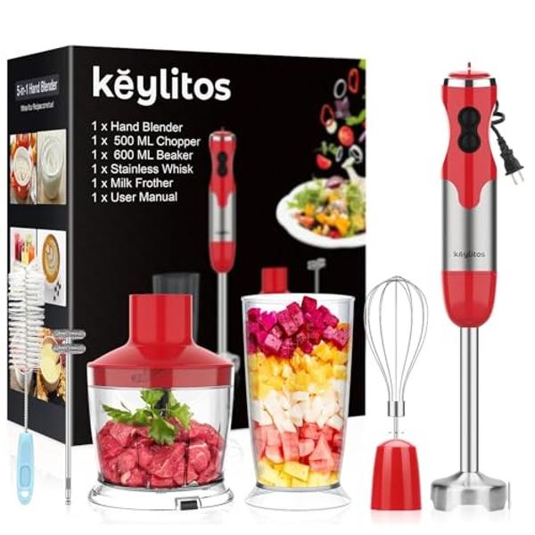 Licuadora de mano roja Keylitos de 600 ml con accesorios 5 en 1, turbo y control de velocidad ajustable.