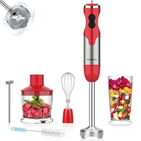 Licuadora de mano roja Keylitos de 600 ml con accesorios 5 en 1, turbo y control de velocidad ajustable.