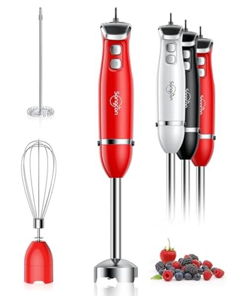 Batidora de mano Sangcon 3 en 1, eléctrica, de 400 W, con cuchillas de acero inoxidable, batidor y espumador de leche (roja).