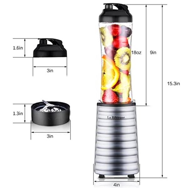 Licuadora La Reveuse Smoothies de una sola porción, 300 vatios, con botella deportiva portátil de viaje de 500 ml (sin BPA) (plateada).