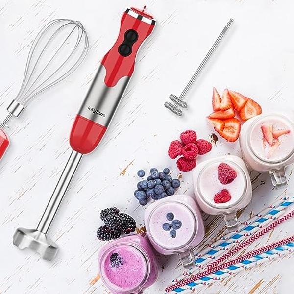 Licuadora de mano roja Keylitos de 600 ml con accesorios 5 en 1, turbo y control de velocidad ajustable.