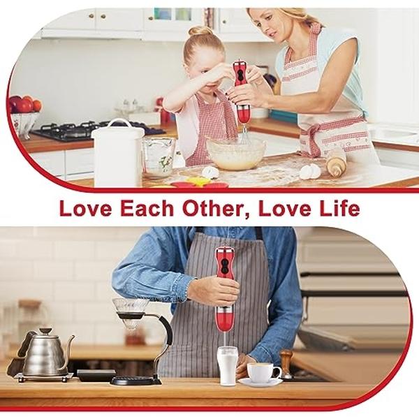 Licuadora de mano roja Keylitos de 600 ml con accesorios 5 en 1, turbo y control de velocidad ajustable.