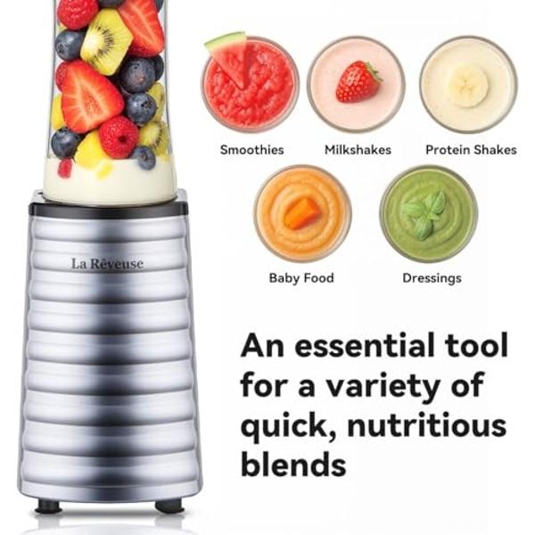 Licuadora La Reveuse Smoothies de una sola porción, 300 vatios, con botella deportiva portátil de viaje de 500 ml (sin BPA) (plateada).
