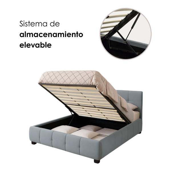 Ilios Innova | Base King Size con Cabecera, Sistema Hidráulico para Almacenamiento y Tapizado en Lino Azul.