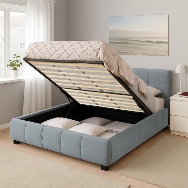 Ilios Innova | Base King Size con Cabecera, Sistema Hidráulico para Almacenamiento y Tapizado en Lino Azul.