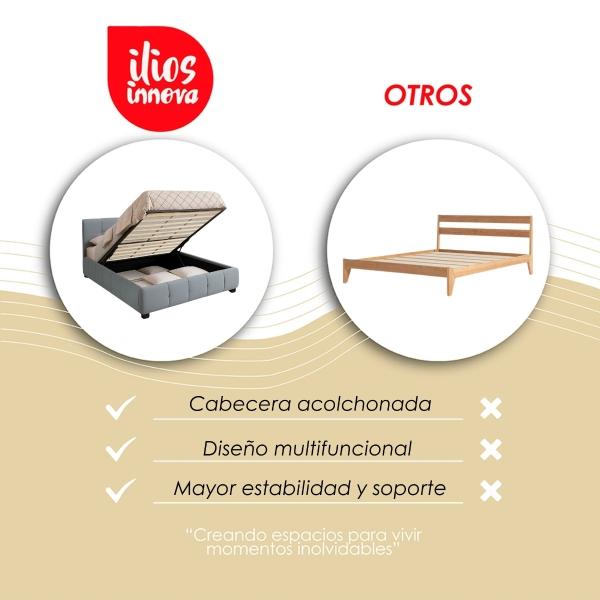 Ilios Innova | Base King Size con Cabecera, Sistema Hidráulico para Almacenamiento y Tapizado en Lino Azul.