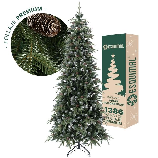 Árbol de Navidad Tipo Lápiz 2.5m 1386  Ramas Pino Navideño. (Verde Nevado con piñas)  ESQUIMAL