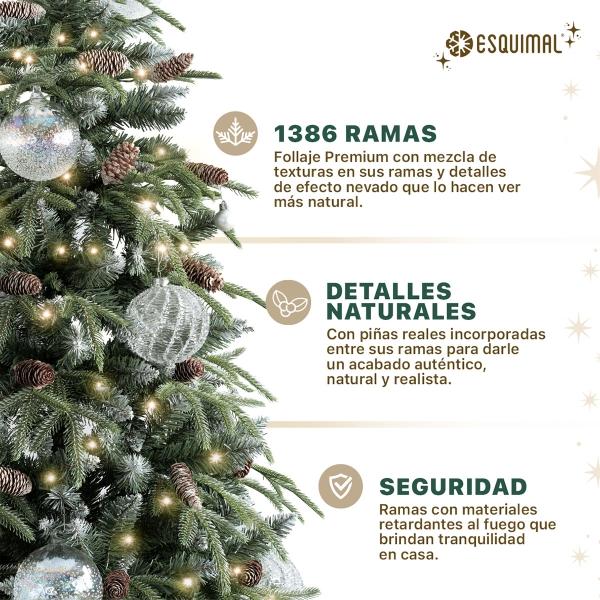 Árbol de Navidad Tipo Lápiz 2.5m 1386  Ramas Pino Navideño. (Verde Nevado con piñas)  ESQUIMAL