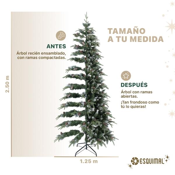 Árbol de Navidad Tipo Lápiz 2.5m 1386  Ramas Pino Navideño. (Verde Nevado con piñas)  ESQUIMAL
