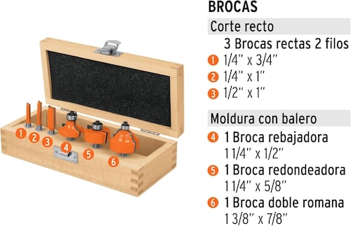 Juego de 6 brocas para router, Truper JBROU-6